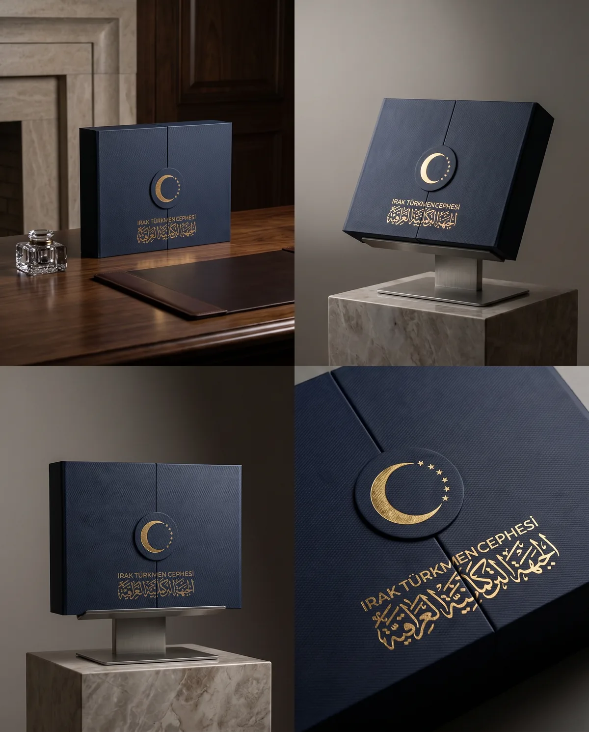 علبة هدية بروتوكولية VIP زرقاء مع تفاصيل ذهبية